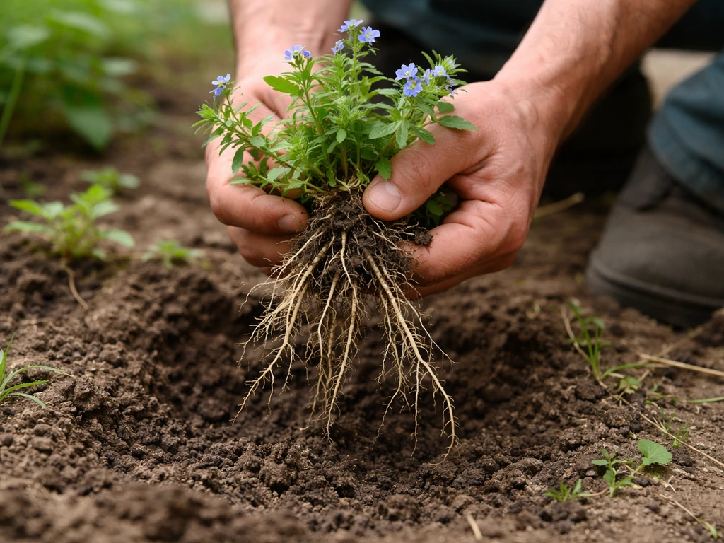 Extraction manuelle d’une véronique hors du sol, racines visibles sur une terre de jardin.