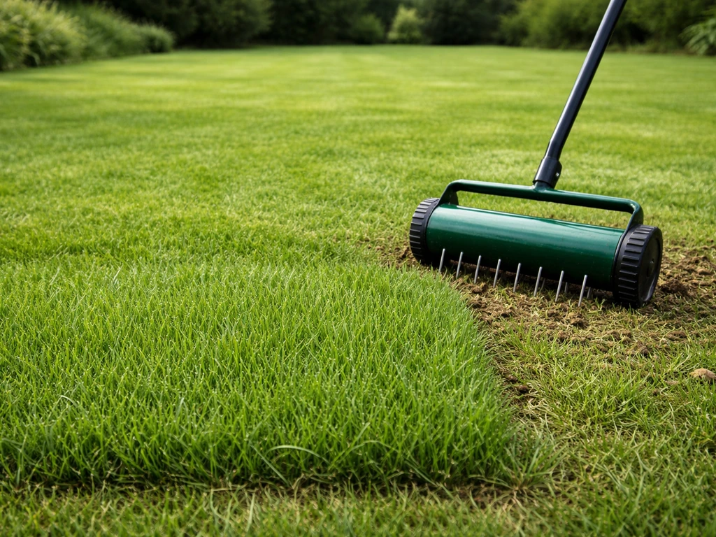 Pelouse soignée de jardin avec hauteur de coupe visible et aérateur en action sur une zone