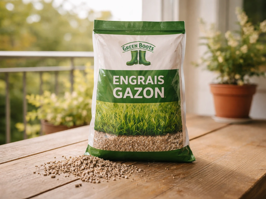 Sac de granulés d’engrais gazon « Green Boots » sur une table en bois, granulés bien visibles.