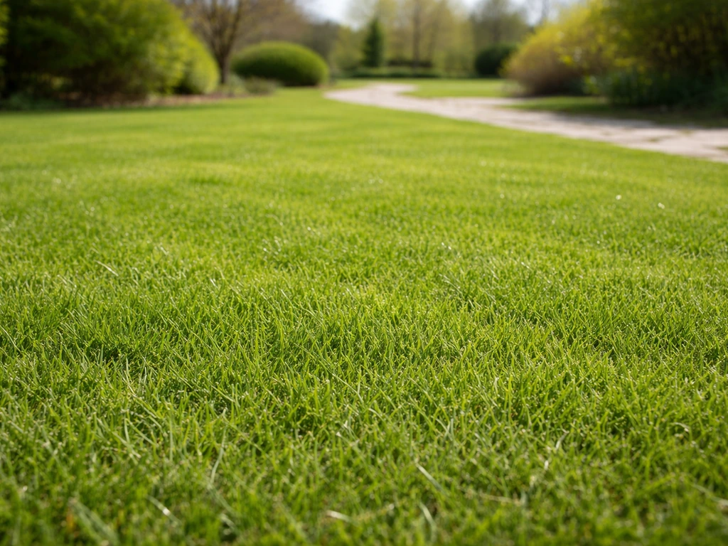 Pelouse tondue très courte au début du printemps, prête pour un engrais de reprise, jardin calme et minimal.
