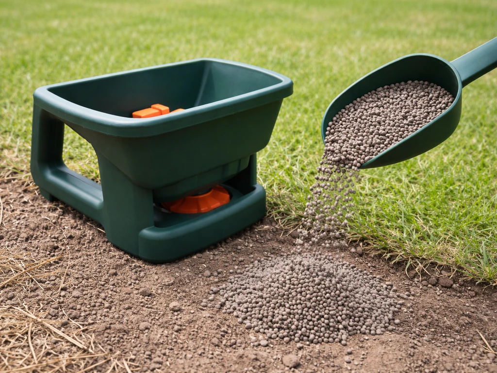 Granulés de traitement versés depuis une petite pelle près d’un épandeur, pour illustrer un dosage d’environ 50 g/m².