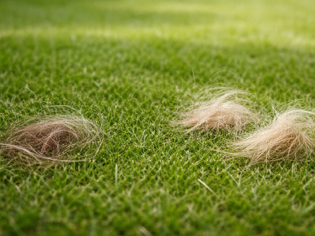 Pelouse divisée : à gauche des cheveux coincés, à droite des touffes de fibres évoquant un autre problème.