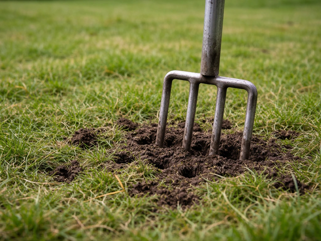 Aérateur à fourche enfoncé dans une pelouse compacte, créant de petits trous dans le sol.