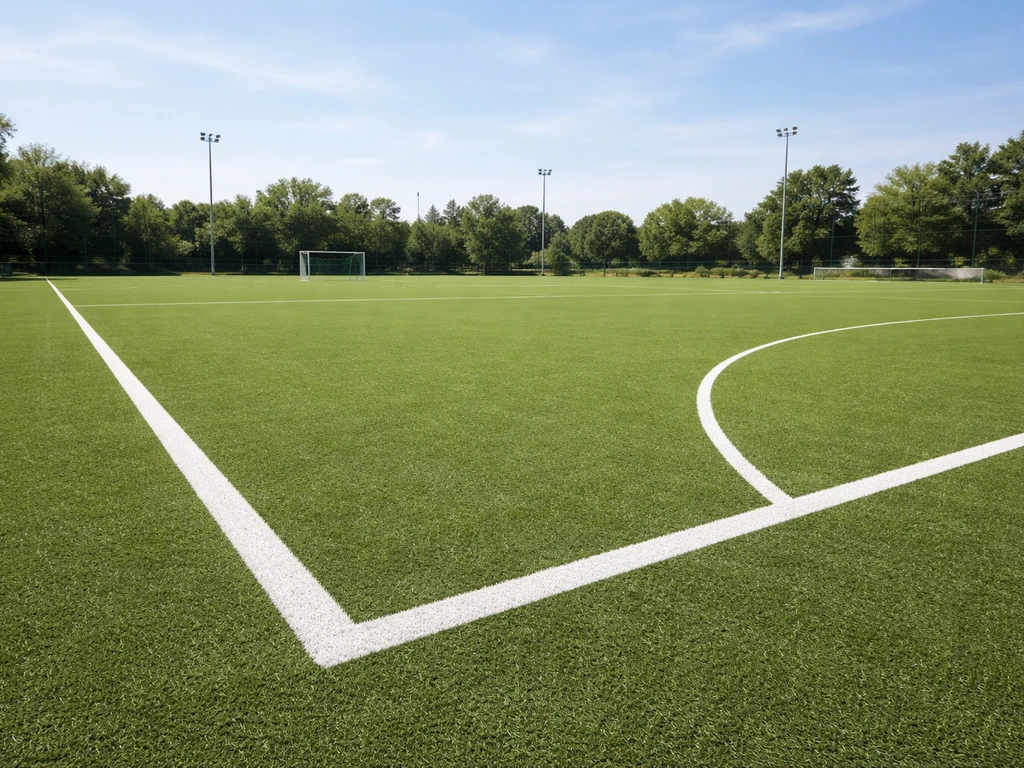 Terrain de hockey sur gazon avec pelouse verte dense et lignes de jeu blanches, sans joueurs ni texte.