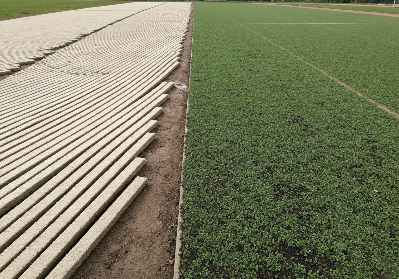 Gros plan comparatif : rouleaux de gazon posés et jeune gazon issu de semis, terre humide visible.