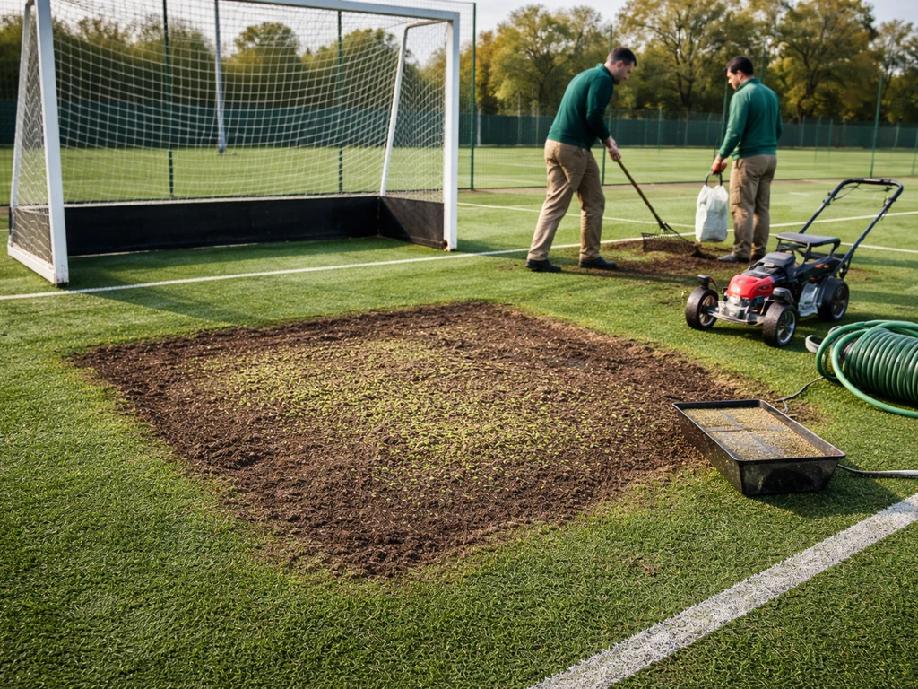 Regarnissage et scarification d’un terrain de hockey sur gazon, zone devant les buts, gazon abîmé et terreau.