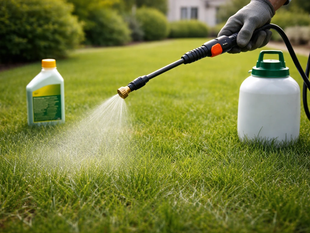 Pulvérisateur de jardin arrosant un gazon vert après traitement herbicide, ambiance réaliste et soignée.