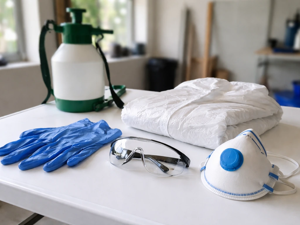 Gants nitrile, lunettes et masque prêts sur une table, avec un pulvérisateur flou en arrière-plan.