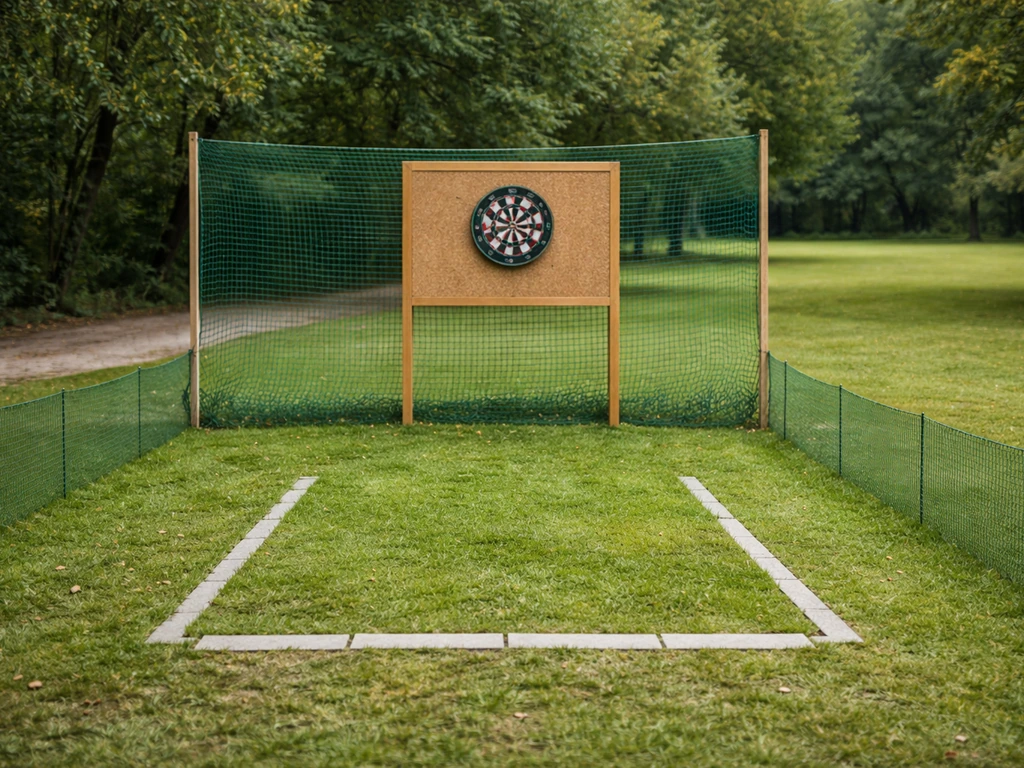 Aire de jeu sur pelouse avec zone de lancer délimitée et cible de fléchettes, dégagement latéral et arrière visible.
