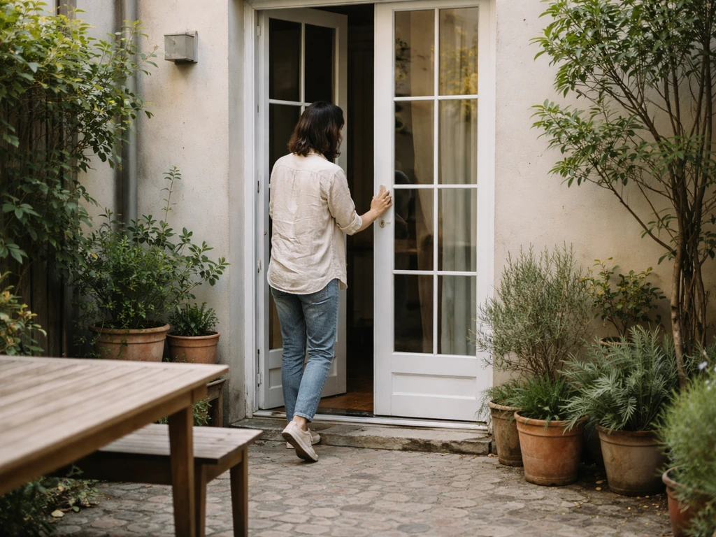 Dans une cour calme, une personne ferme doucement une porte pour réduire les nuisances sonores entre voisins.