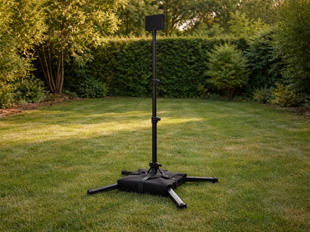 Support de cible stable et réglé dans un jardin, pieds larges sur gazon, base lestée, sans cible ni personne.