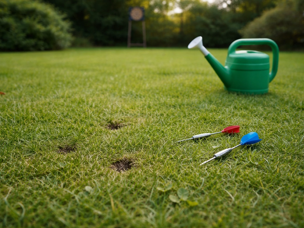 Une pelouse après un jeu de fléchettes, petites marques au sol et un arrosoir près de l’installation.