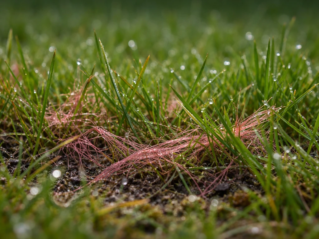 Gros plan sur des brins d’herbe avec filaments rosés et rosée humide, pour un diagnostic du gazon.