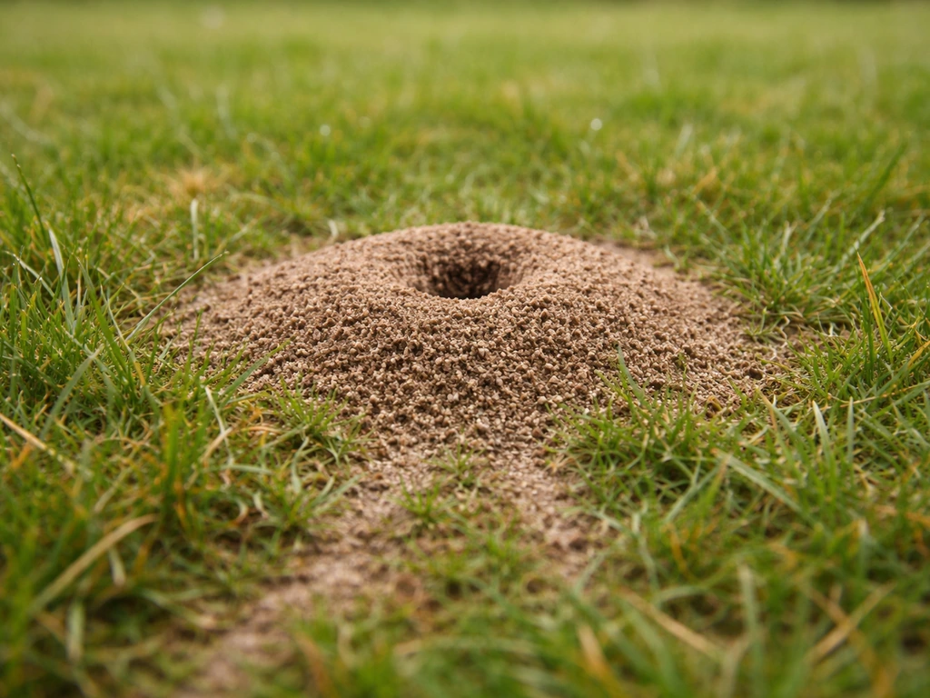 Petit monticule de terre de fourmilière dans un gazon, herbe autour et légères pistes visibles.