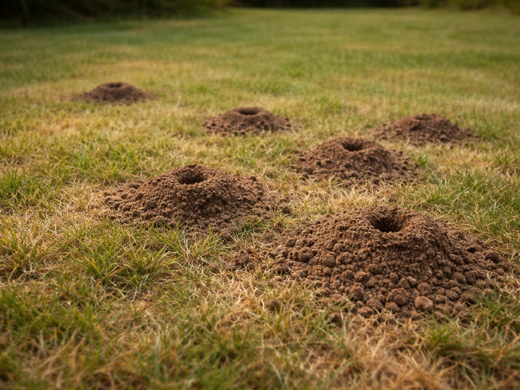 Coin de pelouse avec monticules de terre de fourmis et terre meuble, trous et zones légèrement jaunies.