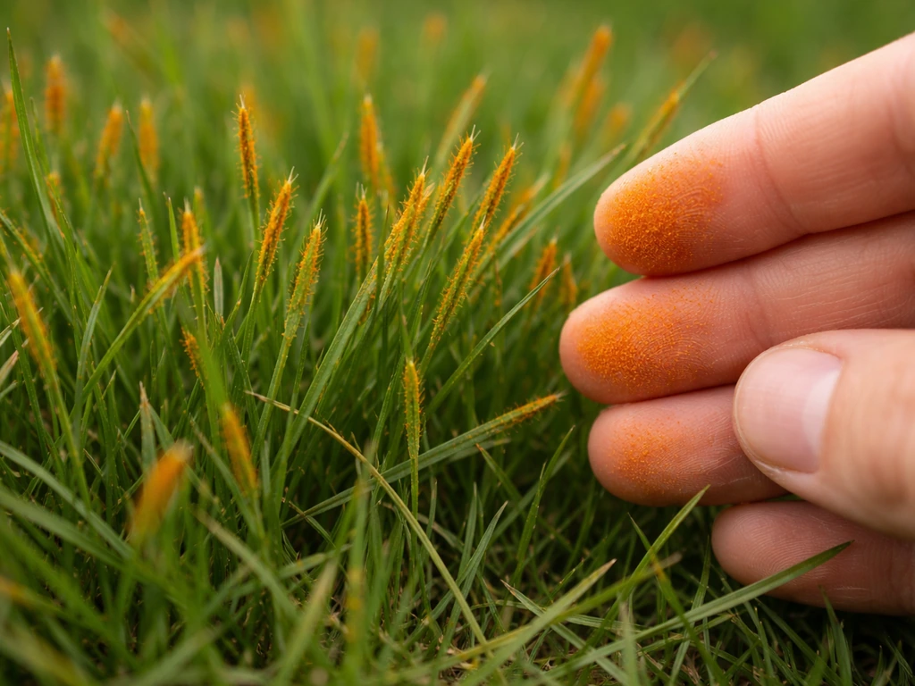 Gros plan de brins d’herbe avec poudre orangée et doigts légèrement teintés, montrant un test visuel de rouille.