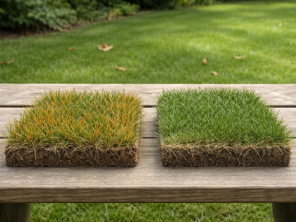 Deux échantillons de gazon sur une table en plein jardin, l’un présentant une rouille, l’autre une autre texture.