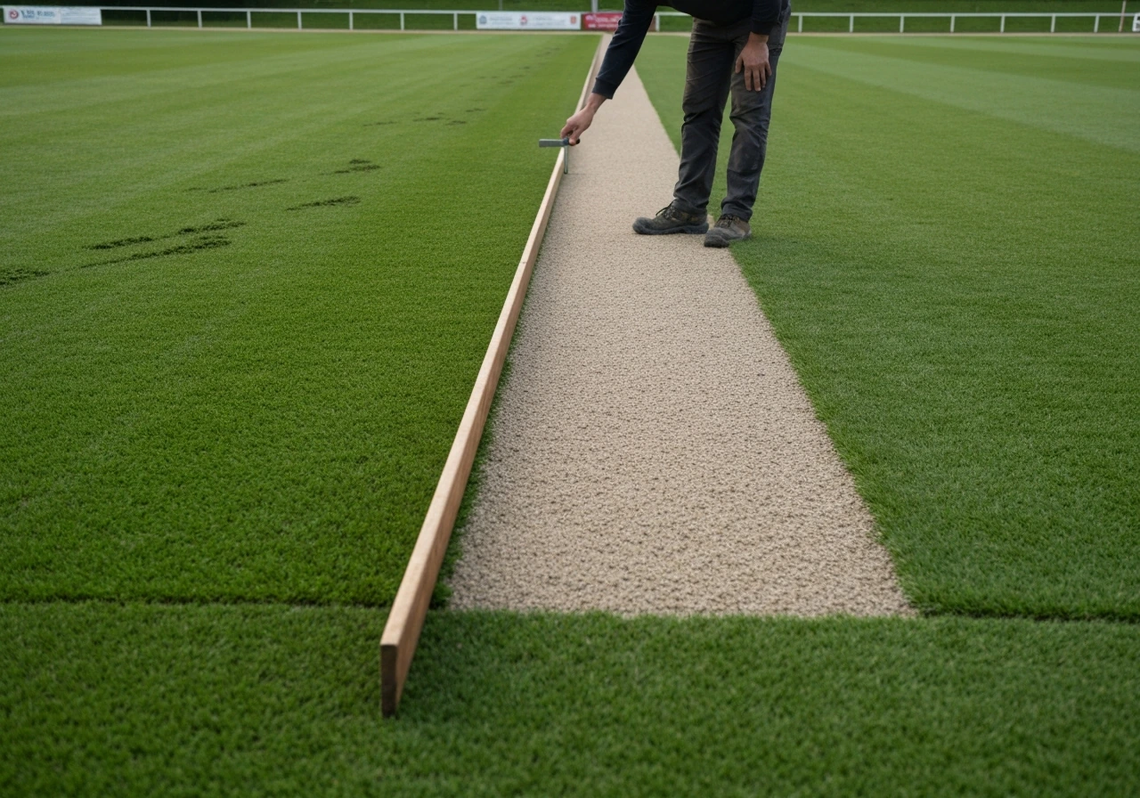 Travail de nivellement sur un terrain, règle de maçon posée et topdressing en cours dans un creux.