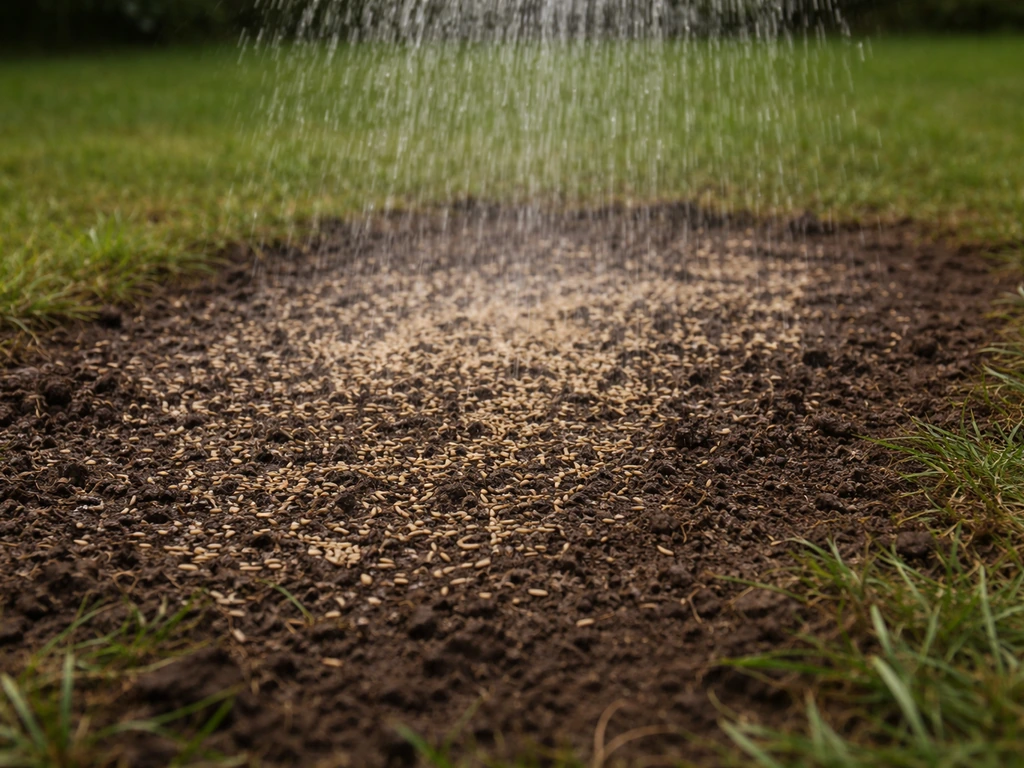 Sursemis de ray-grass sur une pelouse dégradée, semences visibles et arrosage en pluie fine