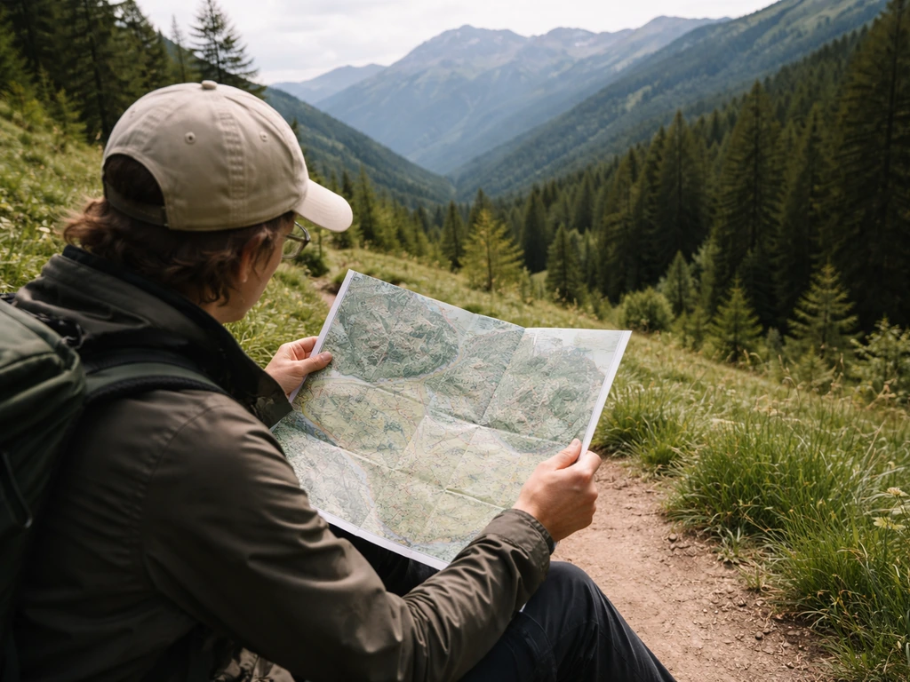 Personne anonyme consultant une carte au bord d’un sentier, montagnes vertes et ciel clair en arrière-plan.