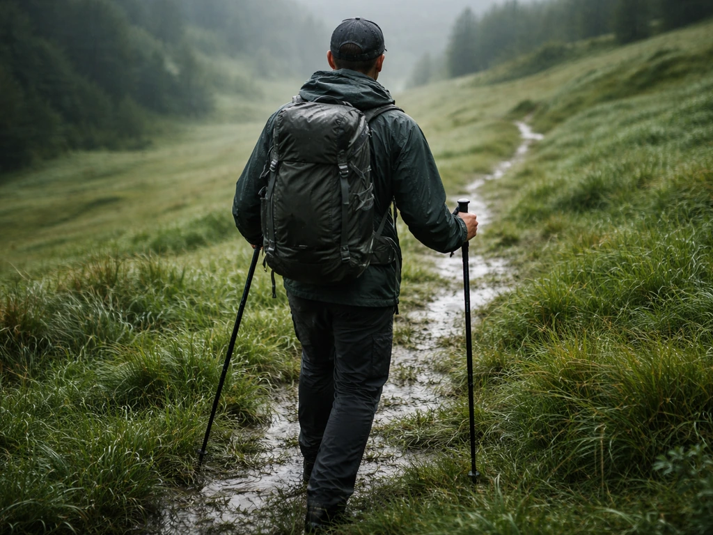 Descente sur prairie humide après pluie, randonneur anonyme avec bâtons de marche pour éviter de glisser.