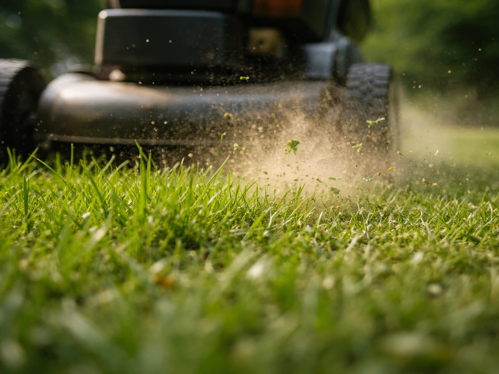 Gros plan de l’herbe pendant la tonte, avec un petit nuage de particules soulevées par la lame.
