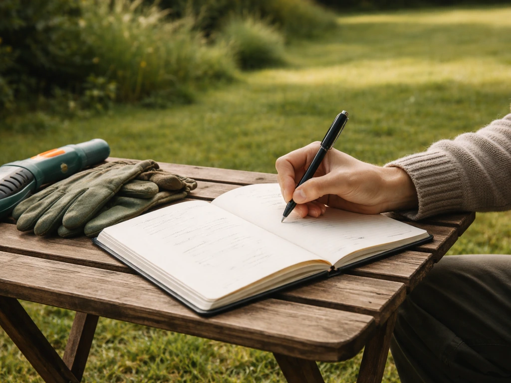 Cahier de suivi en jardin : notes sur date, météo et stade du gazon, à côté d’un outil de tonte