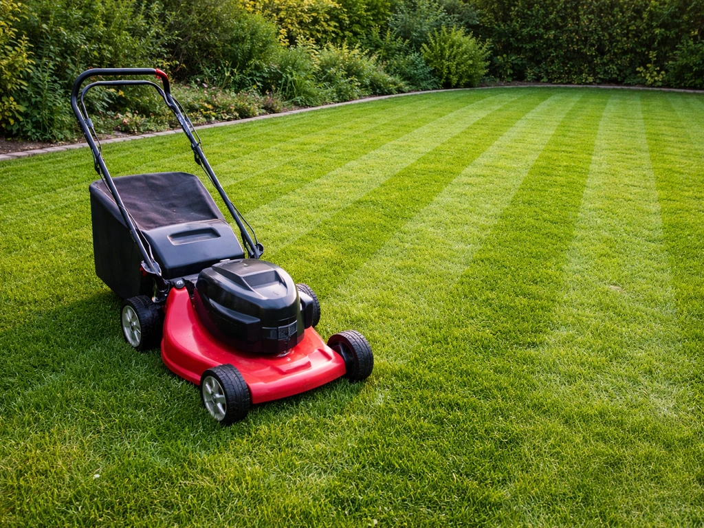 Jardin avec pelouse fraîchement tondue et tondeuse, montrant plusieurs passages de coupe réguliers.