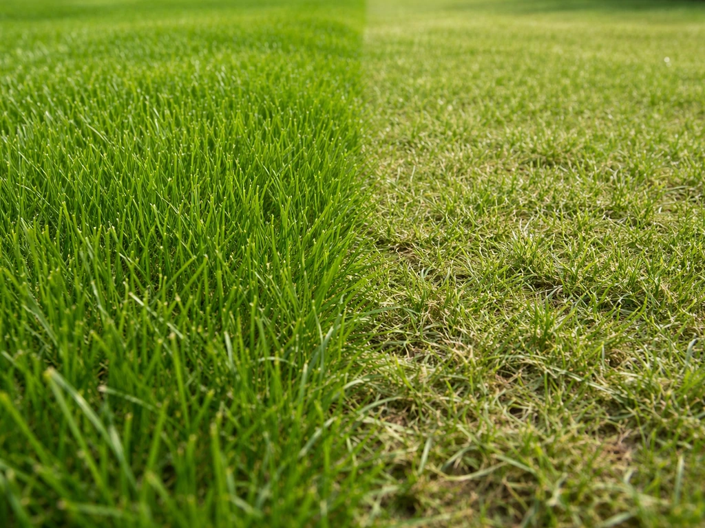 Gazon vu de près : après tonte raisonnable (brins verts longs) vs tonte trop rase (brins très courts).