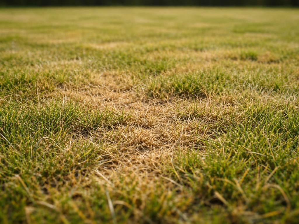 Pelouse après tonte, brins jaunis et brunis avec texture irrégulière visible