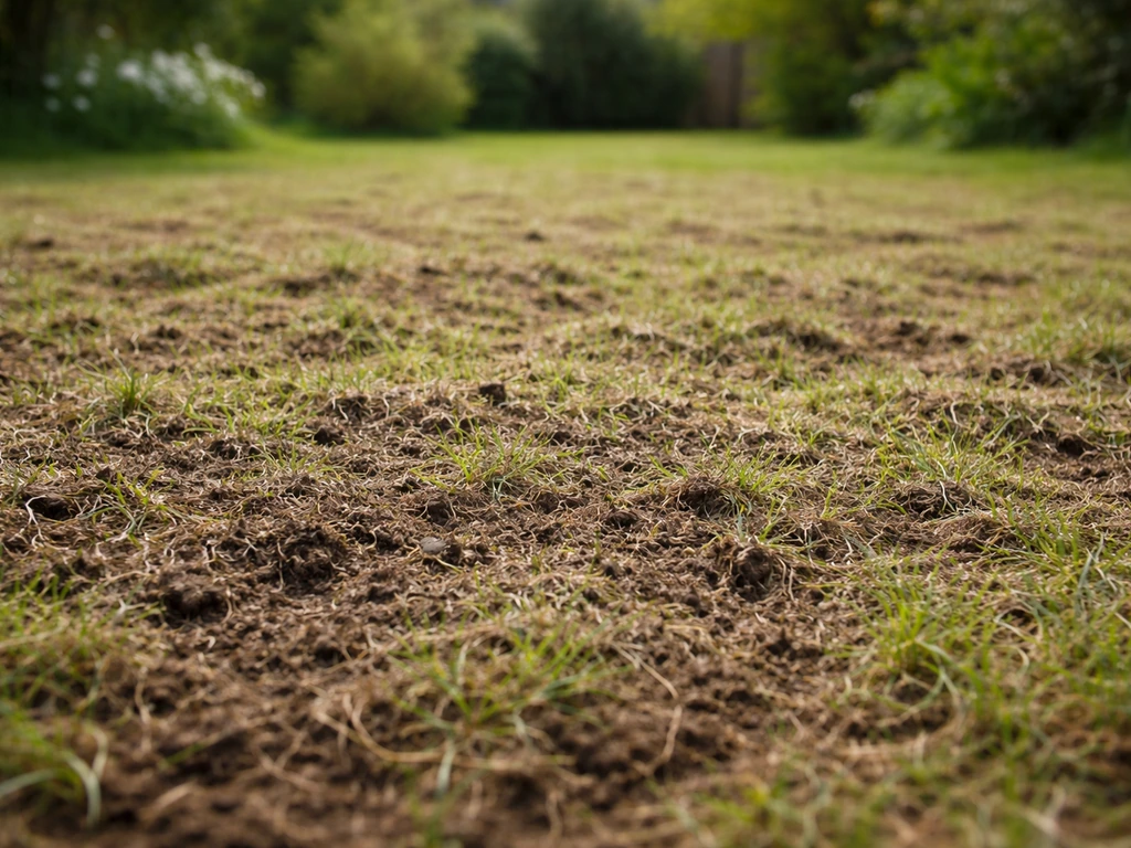 Pelouse de printemps juste scarifiée, sol aéré et feutre retiré, verdure naissante en arrière-plan.