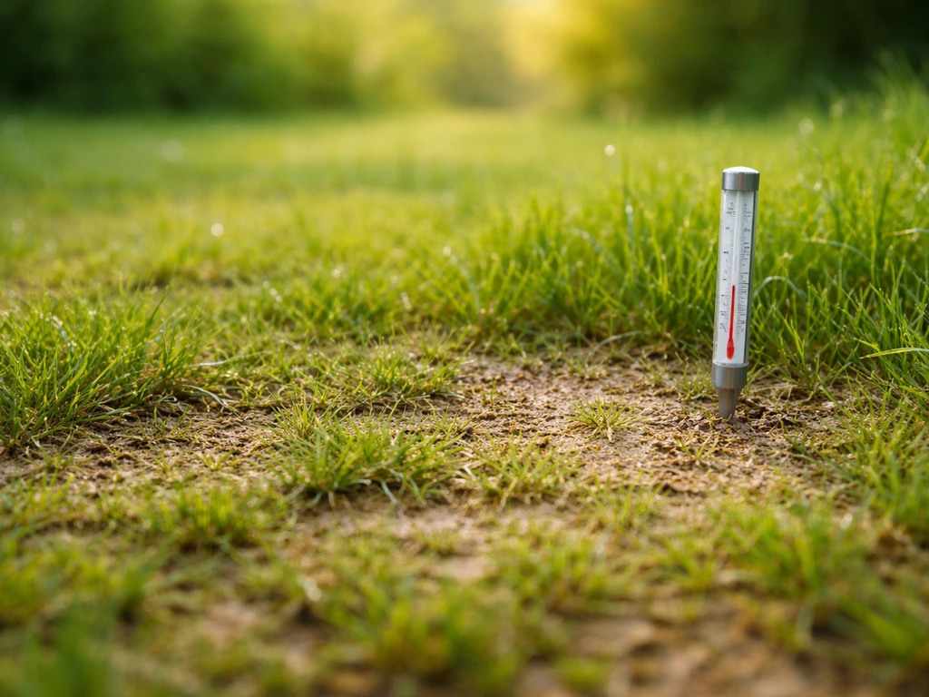 Sol de pelouse ressuyé après pluie au printemps, thermomètre de jardin dans la terre, lumière naturelle.