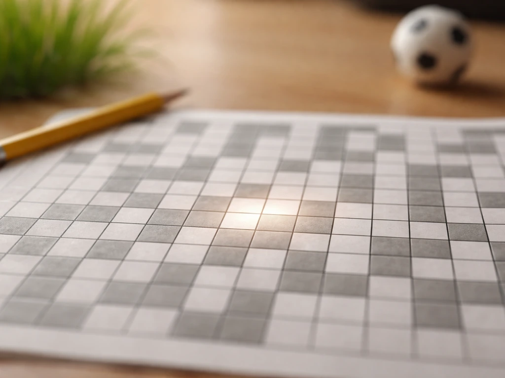 Gros plan d’une grille de mots fléchés avec une case en surbrillance, ambiance gazon et sport.