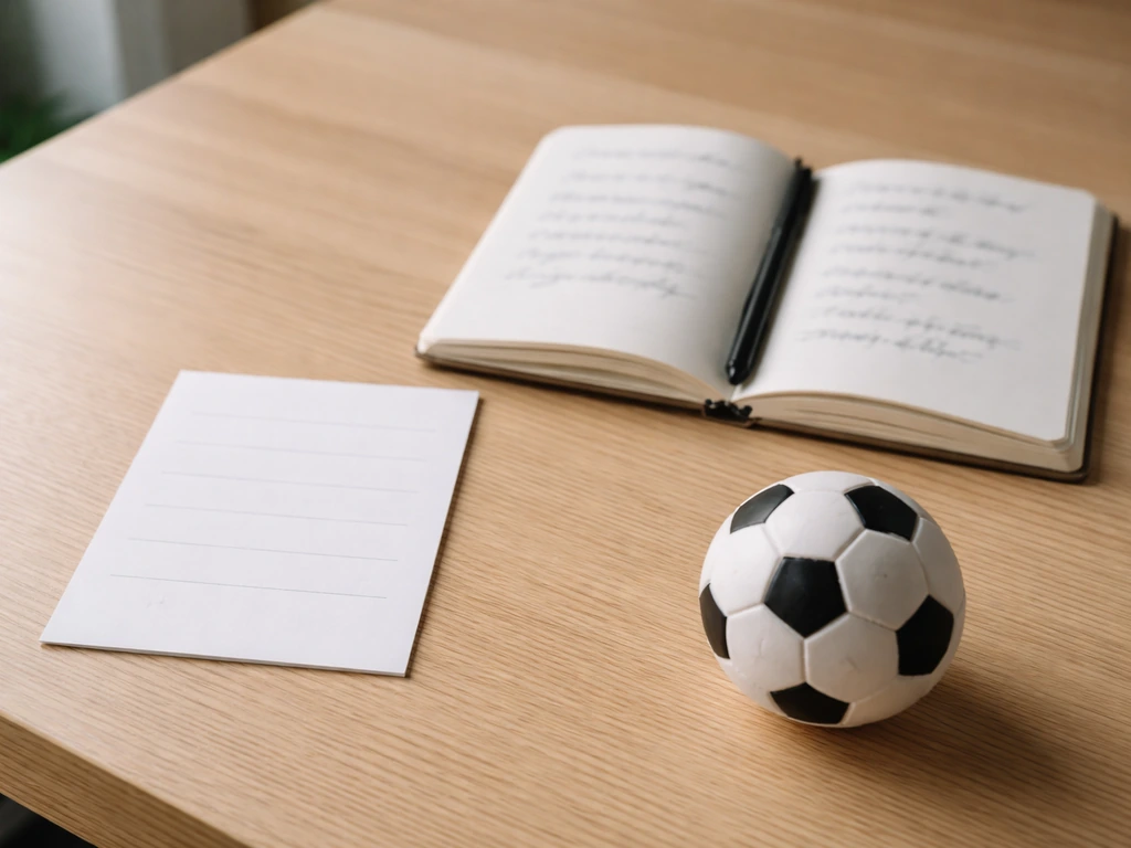 Tableau minimaliste posé sur un bureau, indexant des mots courts liés au sport sur gazon, ambiance réaliste