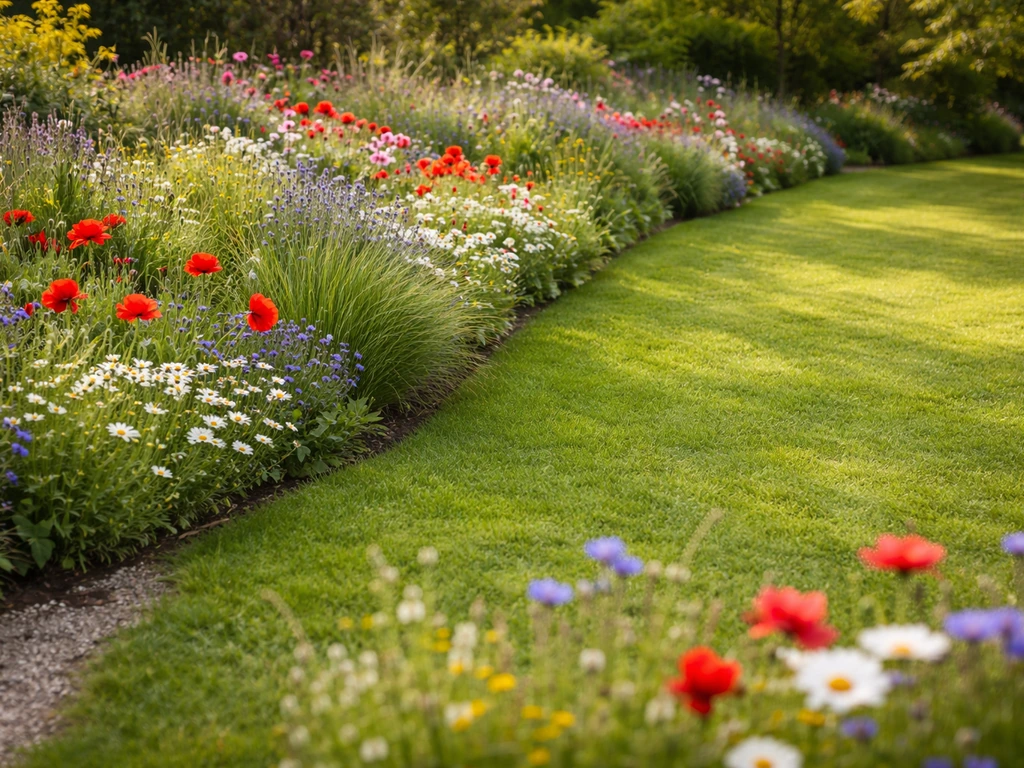 Bordure d’un jardin gazon fleuri au printemps, graminées et fleurs colorées, tonte nette et allée en arrière-plan.