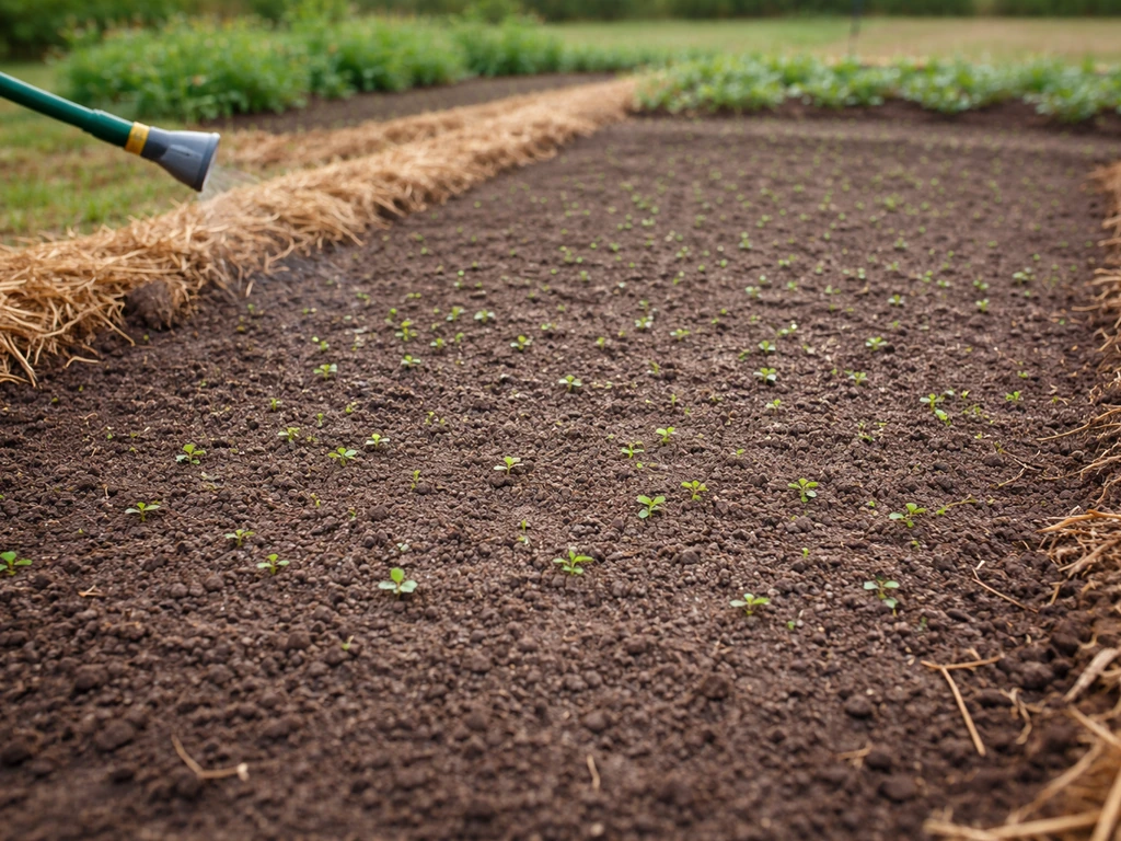 Sol nivelé de faux semis avec jeunes mauvaises herbes et zones paillées, léger arrosage dans un potager.