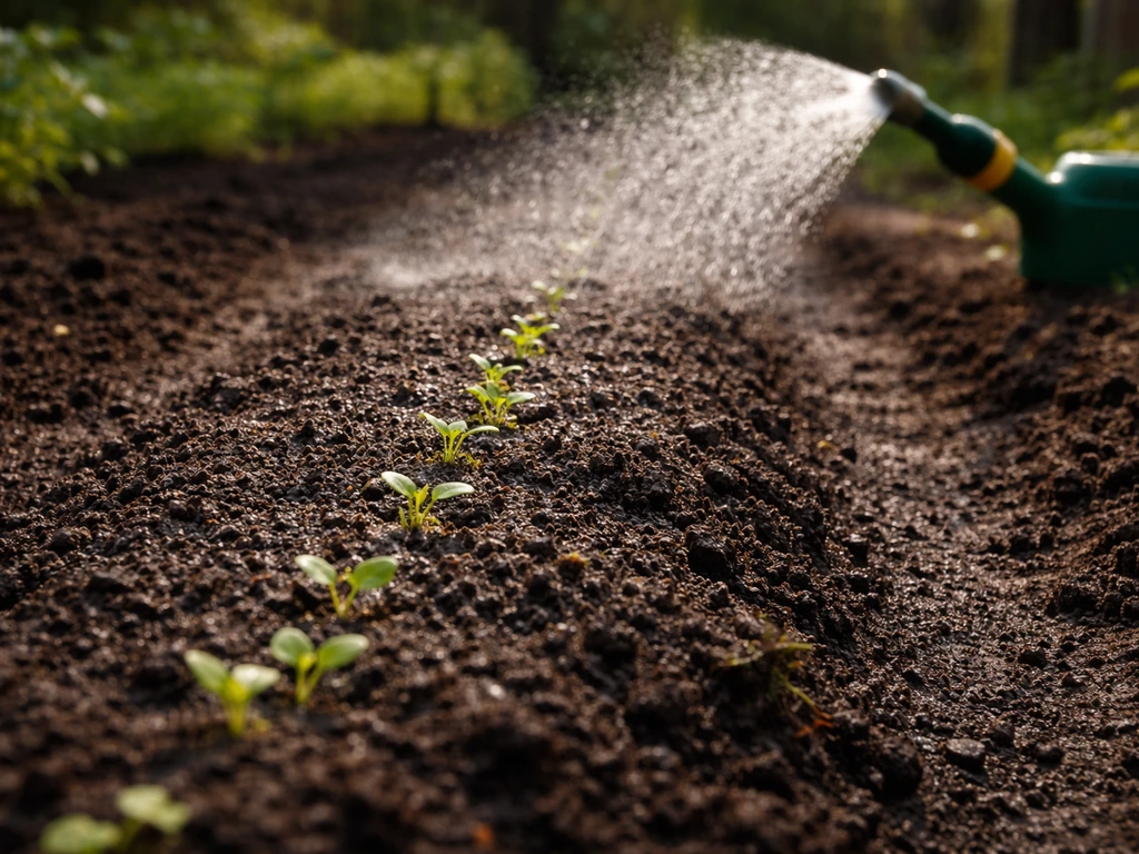 Jeunes pousses précoces au potager, arrosées en pluie fine par un jet/asperseur orienté, sol frais en surface.