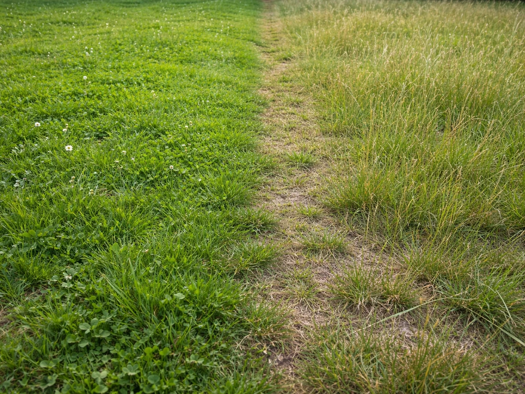 Pelouse avant/après : zone dominée par graminées, fleurs clairsemées, tonte plus adaptée nécessaire.