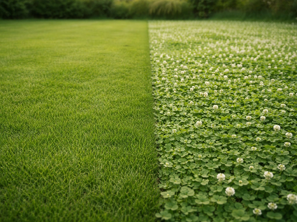 Jardin français divisée : pelouse verte homogène d’un côté et trèfle blanc au sol de l’autre, textures distinctes