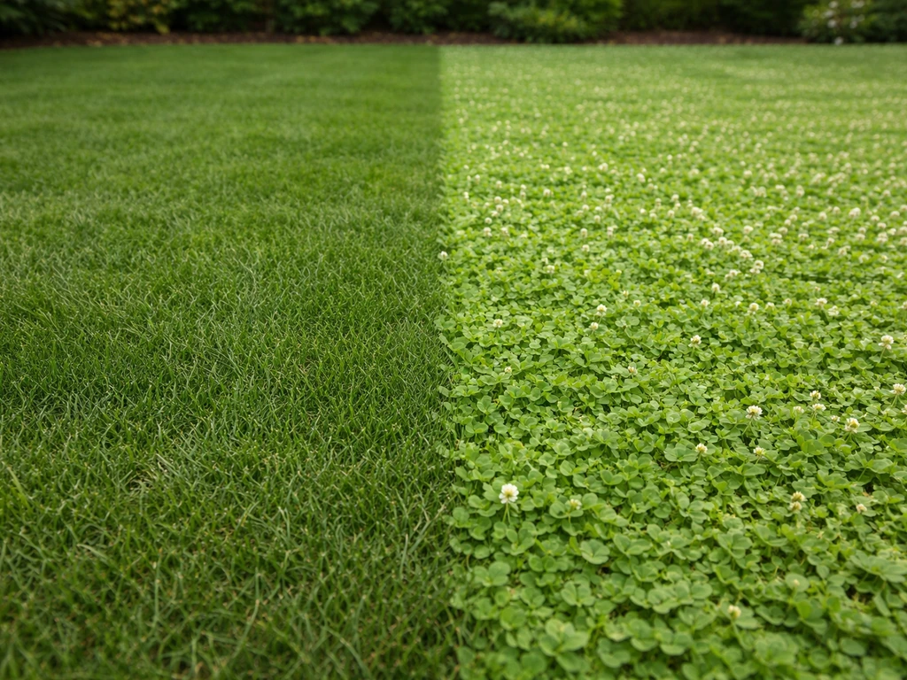 Pelouse split en deux : à gauche gazon vert dense, à droite trèfle blanc aux petites feuilles.