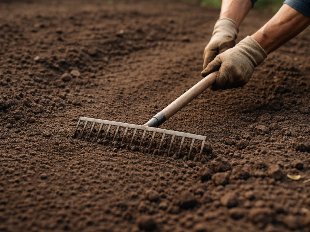 Jardinier anonyme qui griffe et nivelle la terre pour préparer le semis, surface désherbée