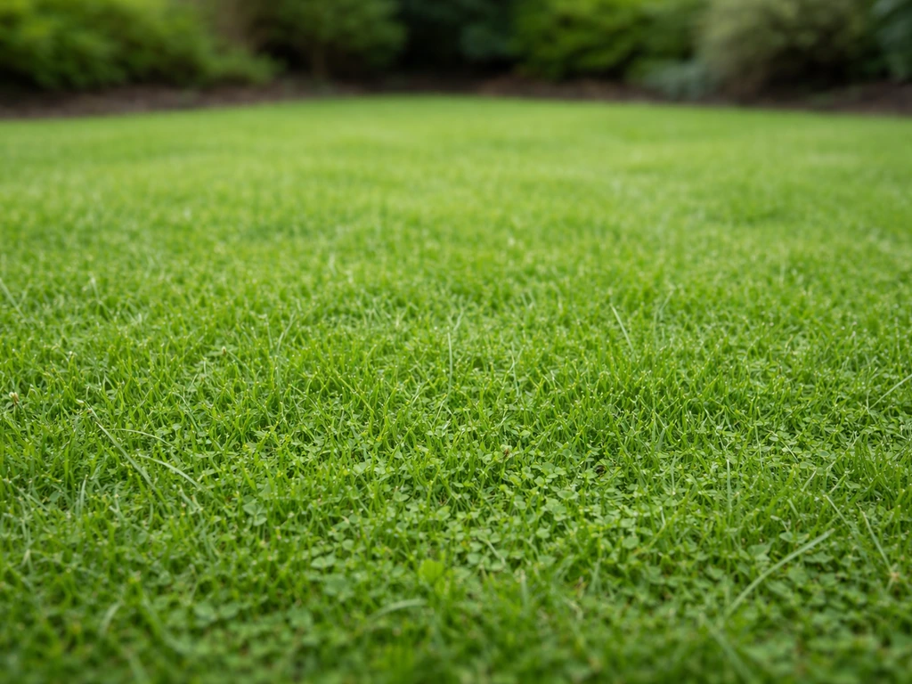 Pelouse familiale fraîche et uniforme, mélange de trèfle nain et graminées, vue proche au jardin.