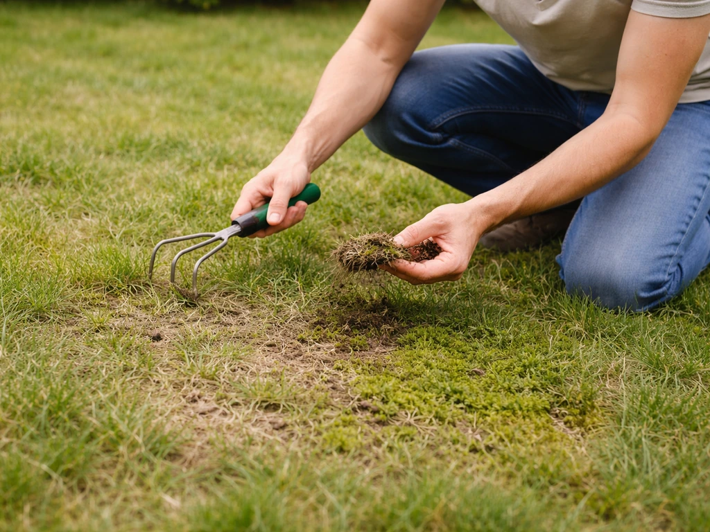 Personne à genoux dans son jardin, observant les zones clairsemées et la mousse de la pelouse.