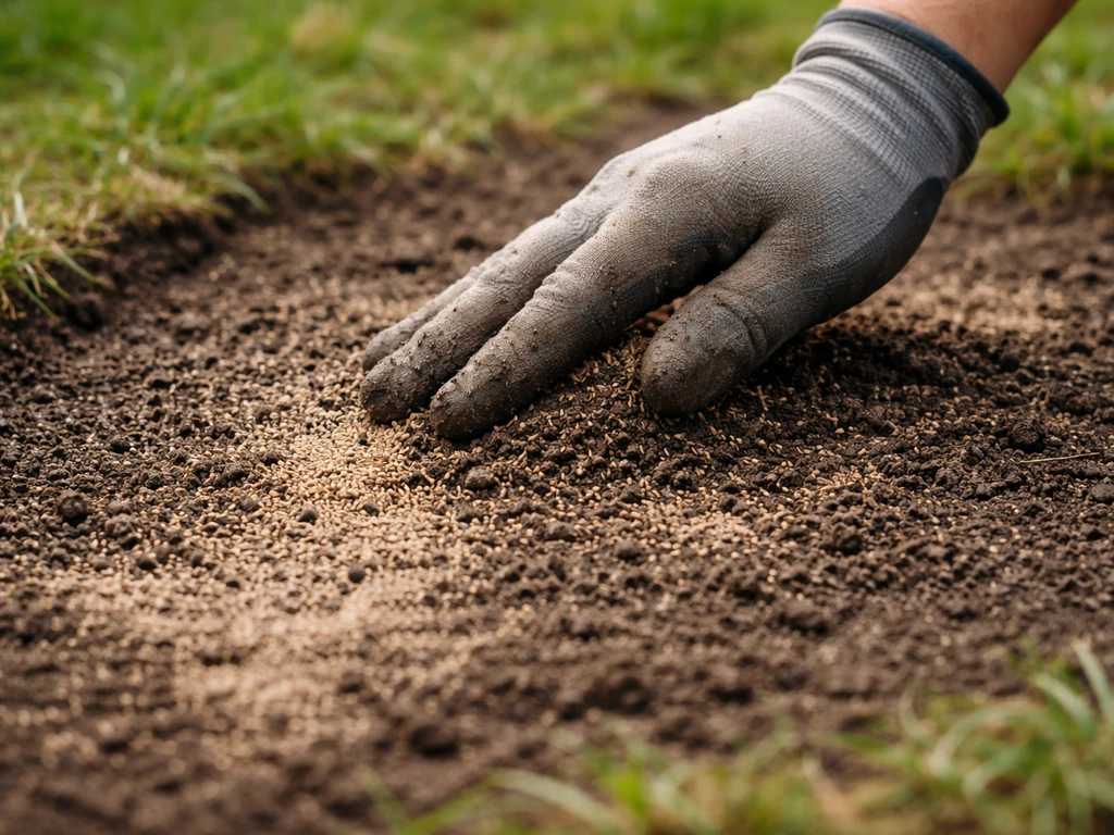 Main qui recouvre des graines de gazon dans une zone de pelouse abîmée, avec terreau en surface