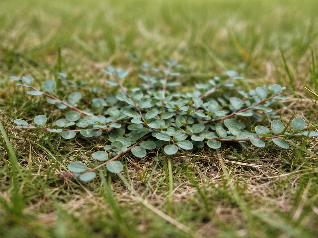 Petite touffe rampante de renouée des oiseaux au ras d’un gazon, feuilles vert bleuté visibles.