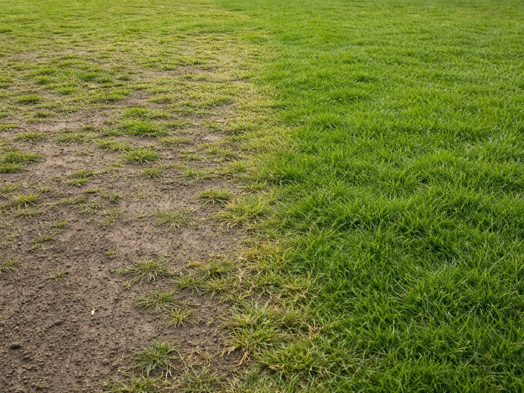 Pelouse avec zones clairsemées et sol nu au milieu de zones bien couvertes, herbe visible et compacte.