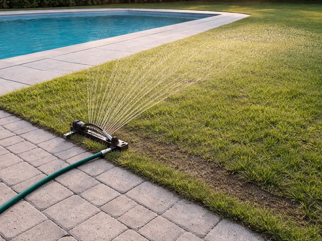 Arrosage profond au pied d’une piscine : sol humide près d’une allée, arroseur orienté, ruissellement minimal.