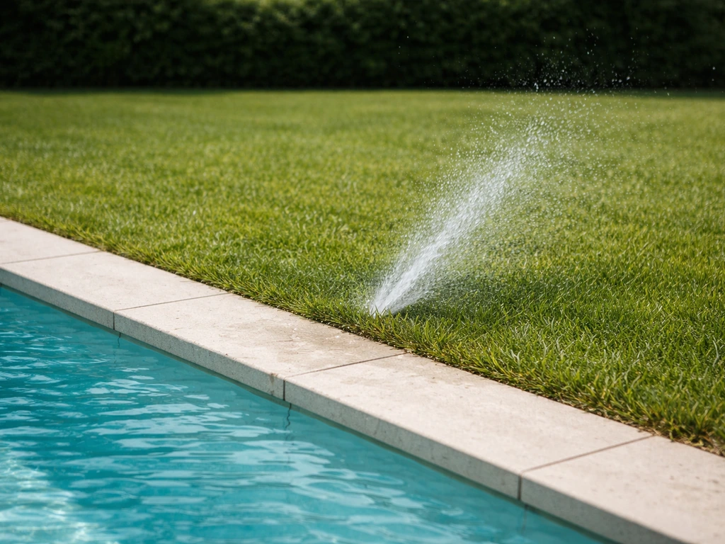 Projection d’eau de piscine sur une petite zone de pelouse, le reste du gazon reste vert.