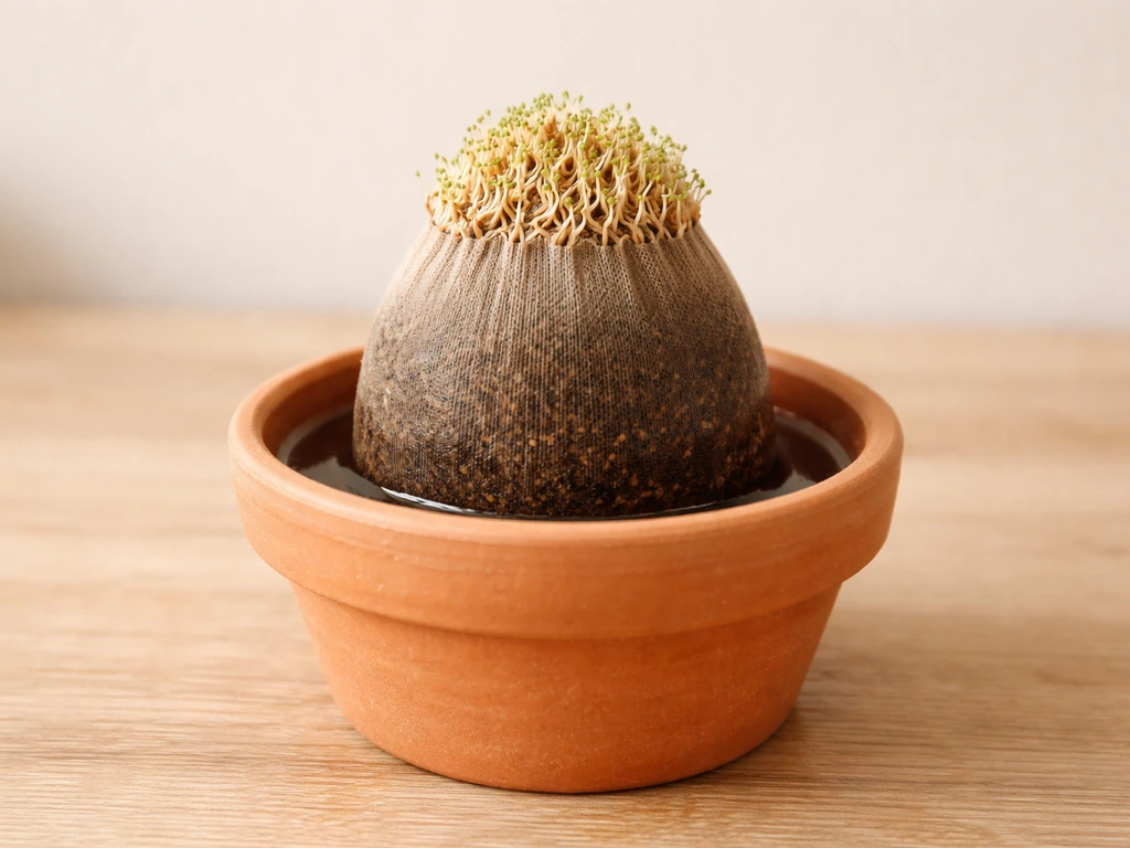 Tête à gazon DIY en pot, terre et graines en place, eau visible, fond clair avant une pousse dense.