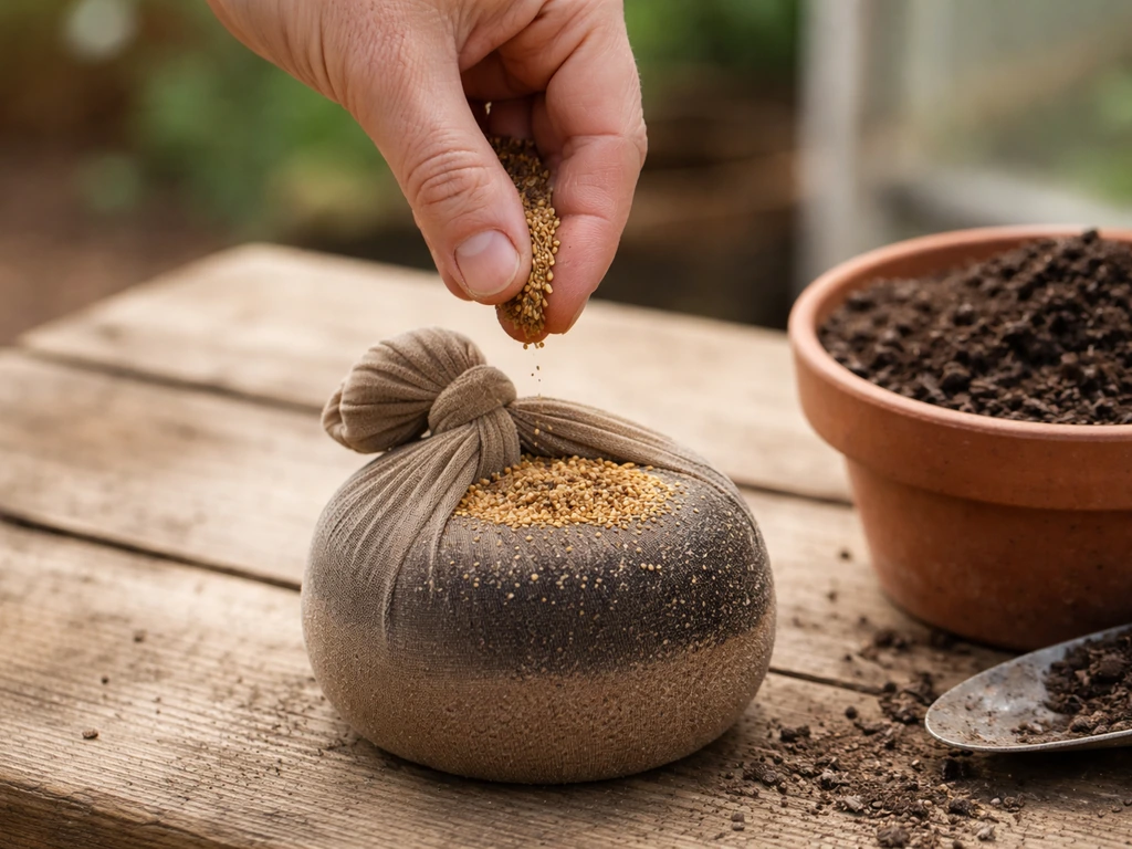Main déposant des graines dans un collant-boule, puis ajoutant du terreau humidifié sur une table.